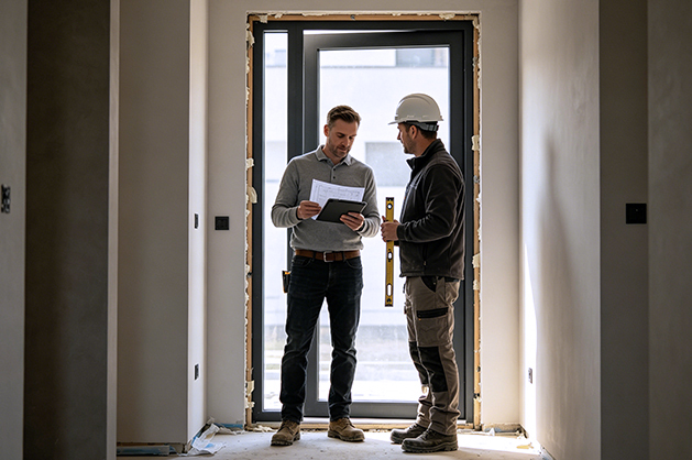 Contractor installing aluminum entry door on site