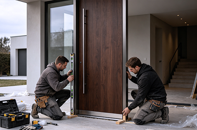 Commercial building with large glass entrance doors