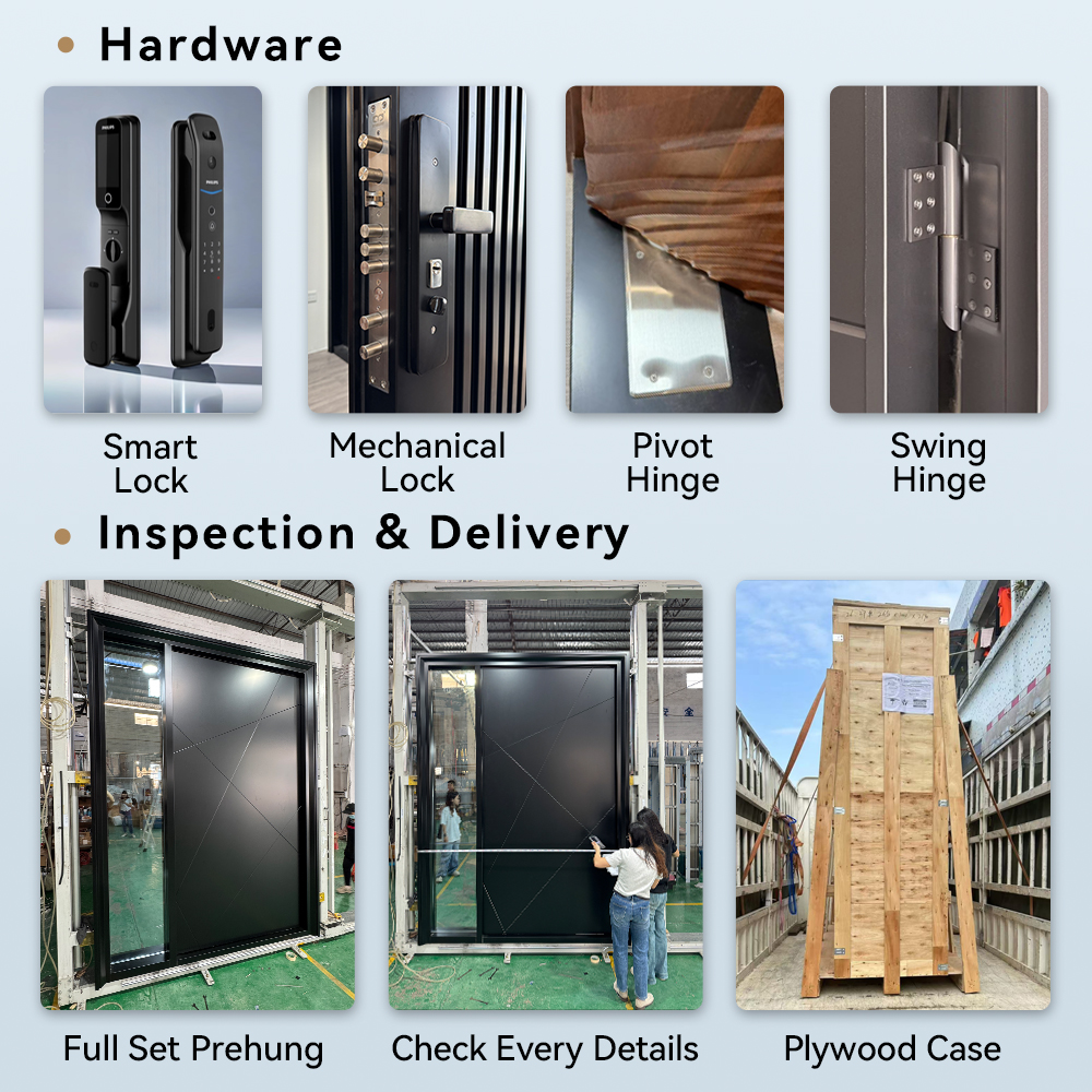 Modern Luxurious Villa Aluminum Panel Industrial Style Heavy Duty Hinge Double Metal Security Front Entry Door Apartment Outdoor