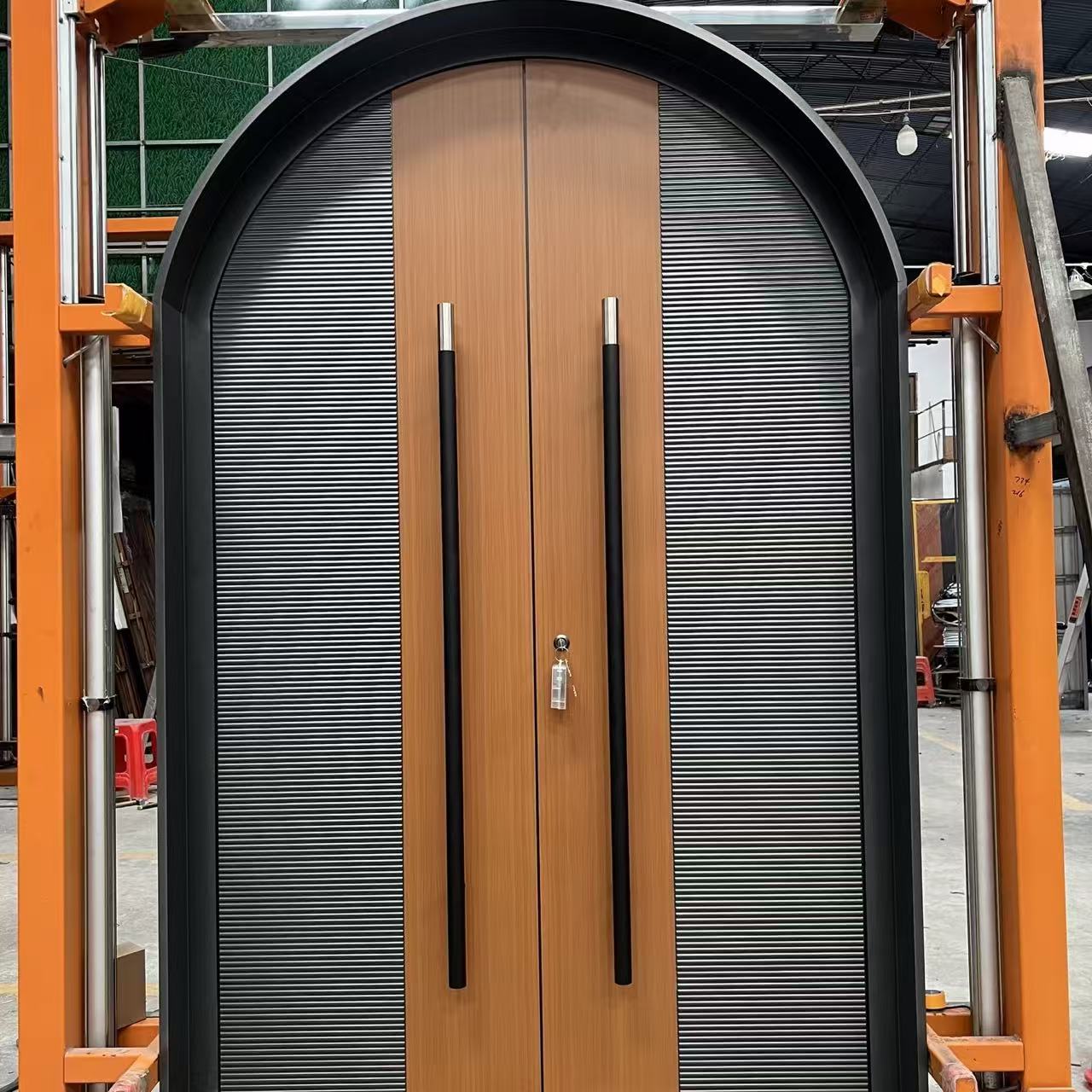Luxury Curved Top Aluminum Alloy Swing Entrance Door With Faux Wood Grain Surface And Vertical Groove Design For Exterior Use