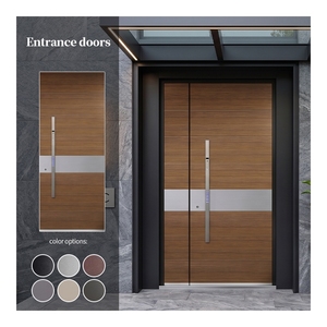 Modern Aluminum Entrance Door Walnut Wood Grain Double Front Door