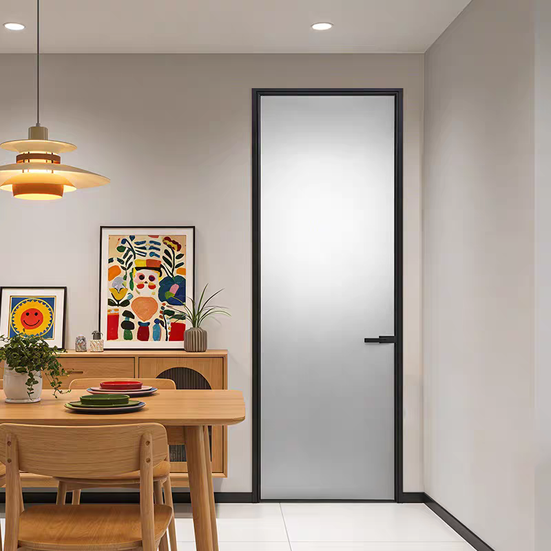 Modern Slim Frame Aluminum Glass Swing Door For Bathroom Waterproof Anti-rust Internal Door With Frosted Fluted Tempered Glass
