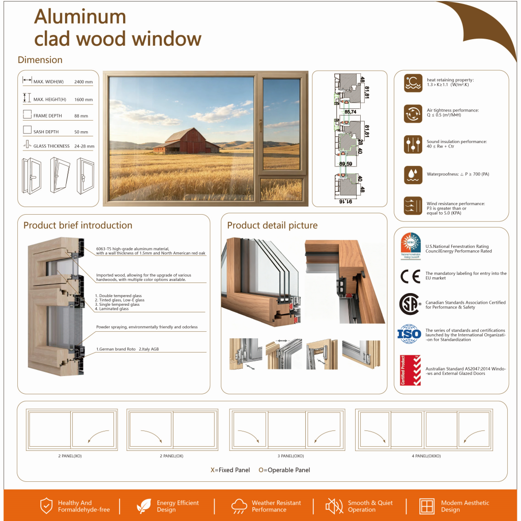 Premium Solid Wood Aluminum Clad Windows Multi-Chamber Frame Triple Glazed Sound Insulation Wooden Windows