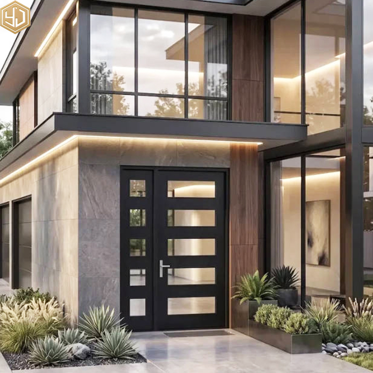 Modern Black Aluminum Entrance Door Sidelite Glass Panel Front Door for Villa House