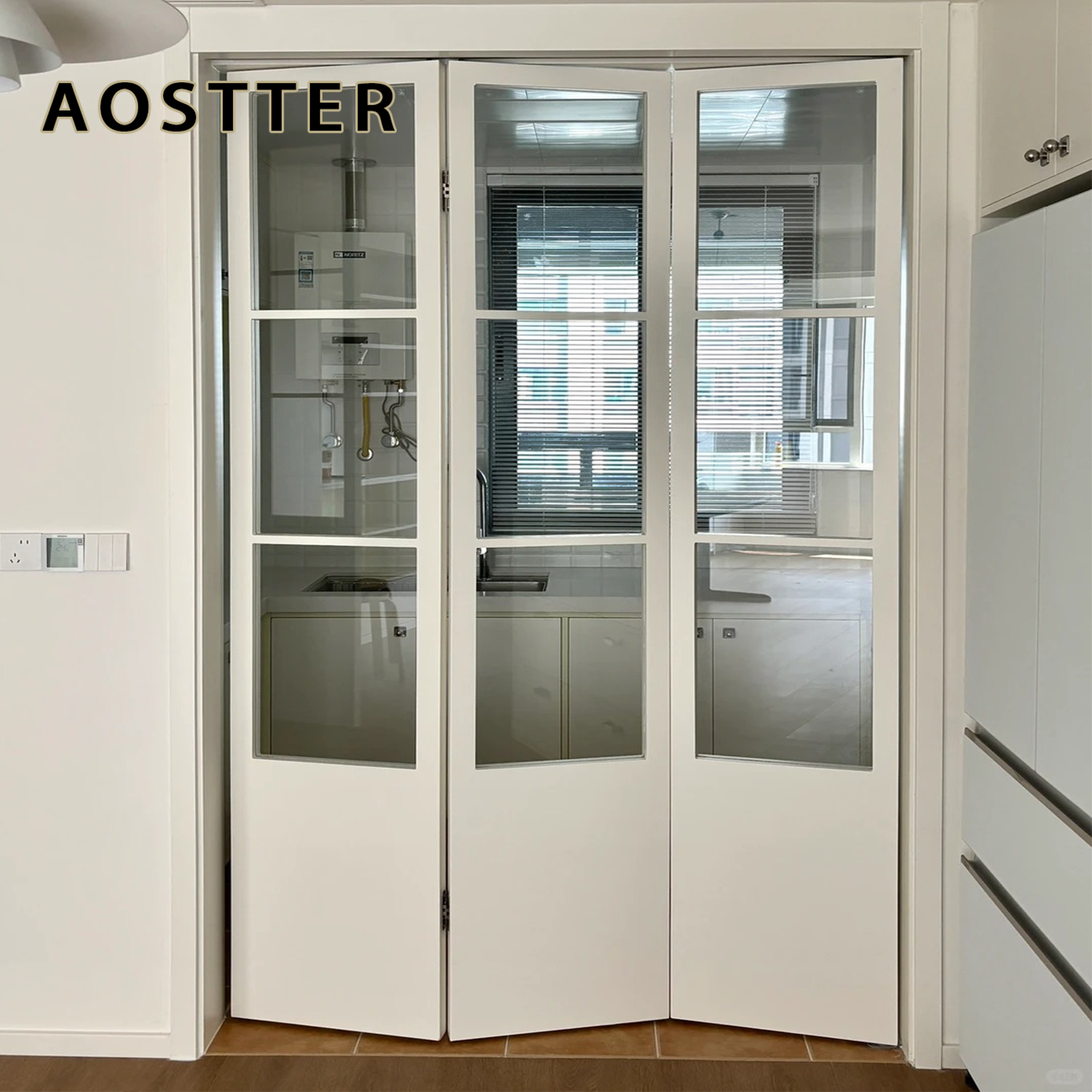 AOSTTER Clean White Extrusion Aluminum Bifold Door with Double Glazed Low-E IGU and Anti-Pinch Design for Luxury Apartment Use