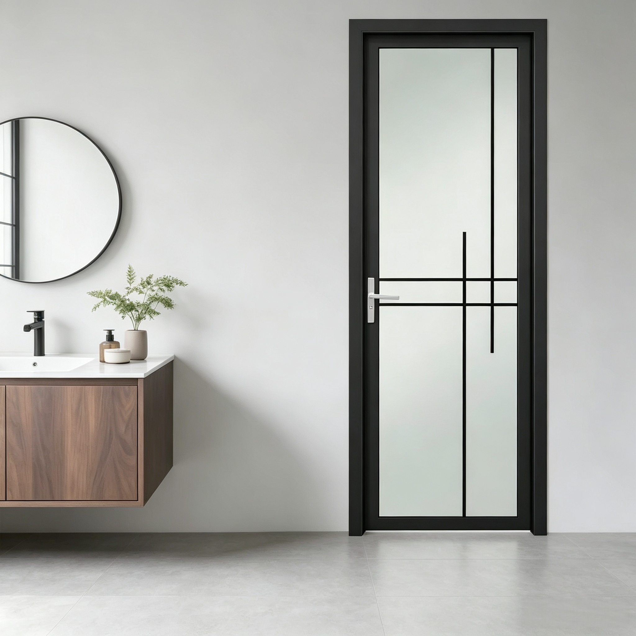 Modern Slim Frame Aluminum Glass Swing Door For Bathroom Waterproof Anti-rust Internal Door With Frosted Fluted Tempered Glass