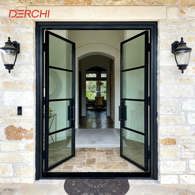 DERCHI NFRC USA Project Hurricane Proof Exterior Doors Outdoor Entry Patio Double Glazed French Glass Aluminium Door
