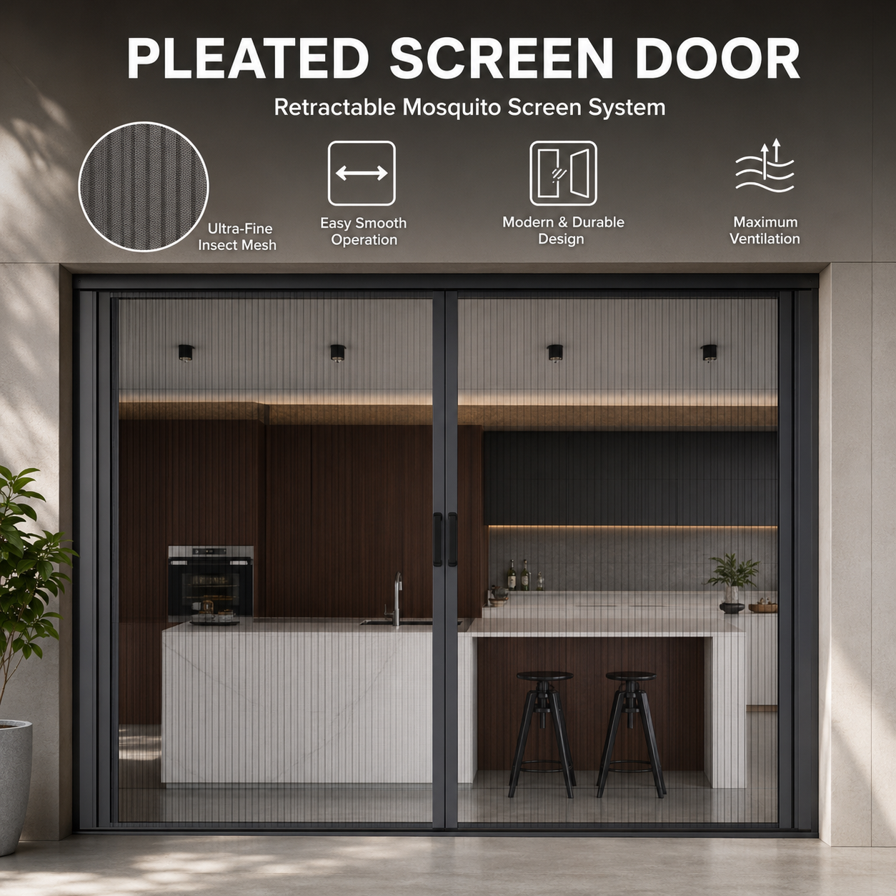 Retractable Screen Mosquito Nets Aluminum Alloy Frame Horizontal Rolling Fiberglass Mesh Pleated Mesh Folding Screen Door