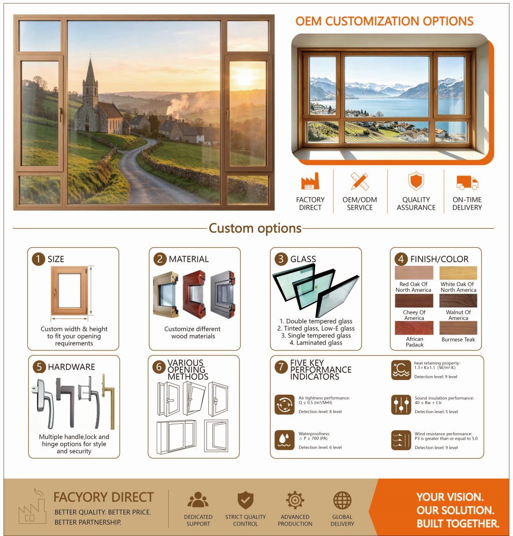 Premium Solid Wood Aluminum Clad Windows Multi-Chamber Frame Triple Glazed Sound Insulation Wooden Windows