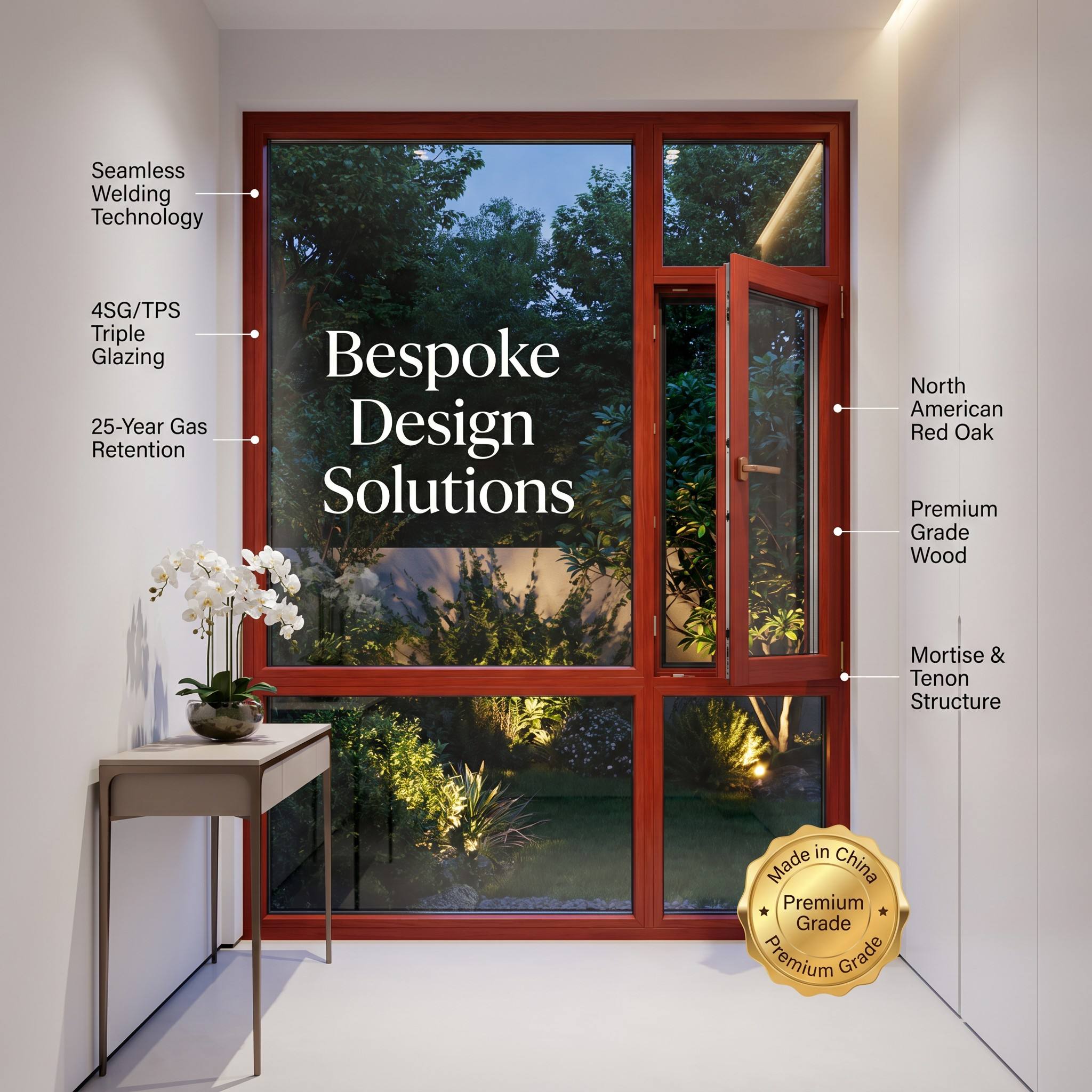 HUACAI Thickness Luxury Aluminum Wood Casement Window German Noto Hardware North American Red Oak Triple Glazed Apartment