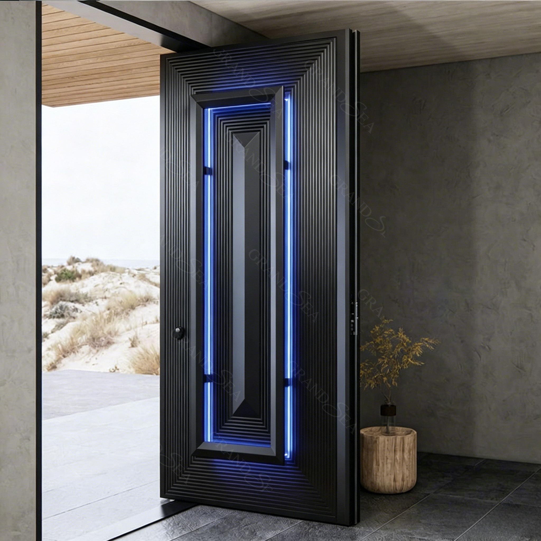 Luxury Custom Blue LED Lit Aluminum Pivot Entry Door Black Stainless Steel Big Entrance Doors