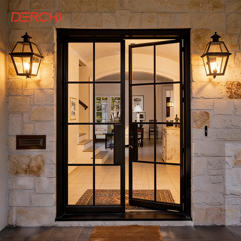 DERCHI NFRC USA Project Hurricane Proof Exterior Doors Outdoor Entry Patio Double Glazed French Glass Aluminium Door