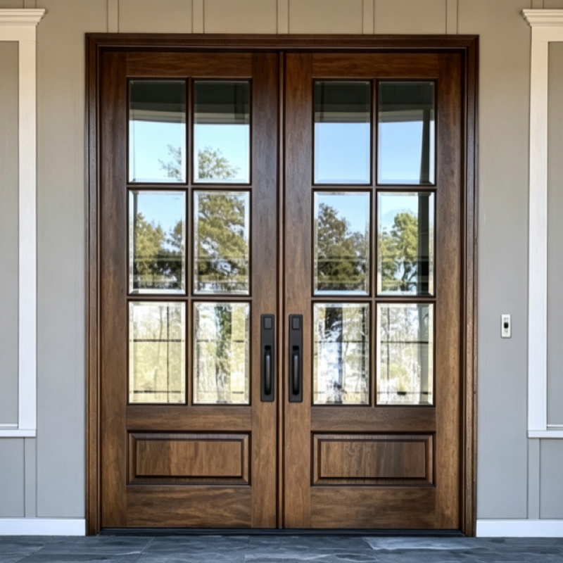 Modern Luxury Aluminum Clad Wood Casement Doors Sound Insulated Triple Glazed Solid Timber Entry Door with Hardware