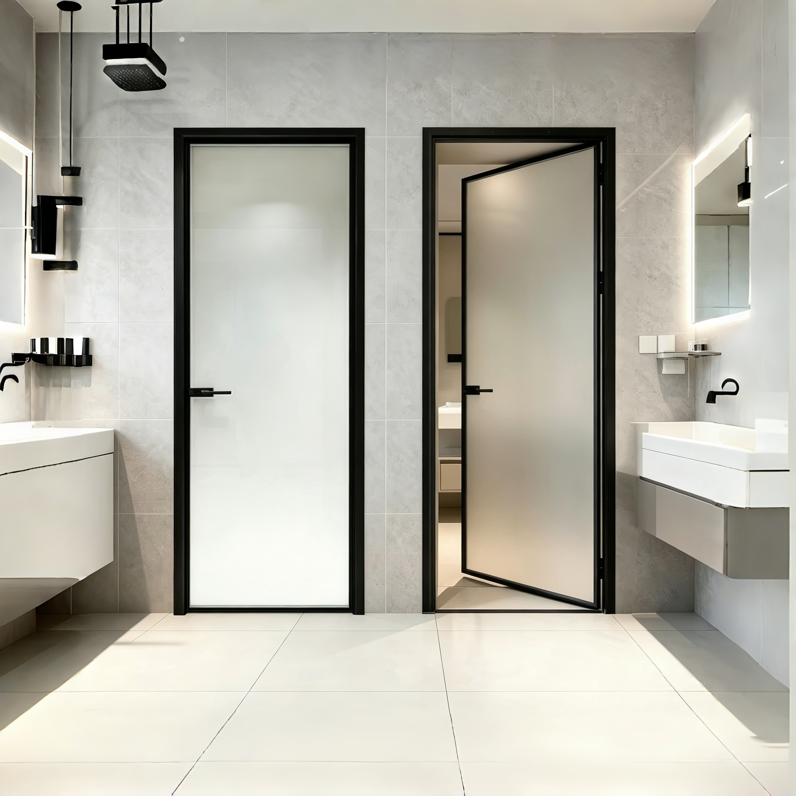 Modern Slim Frame Aluminum Glass Swing Door For Bathroom Waterproof Anti-rust Internal Door With Frosted Fluted Tempered Glass