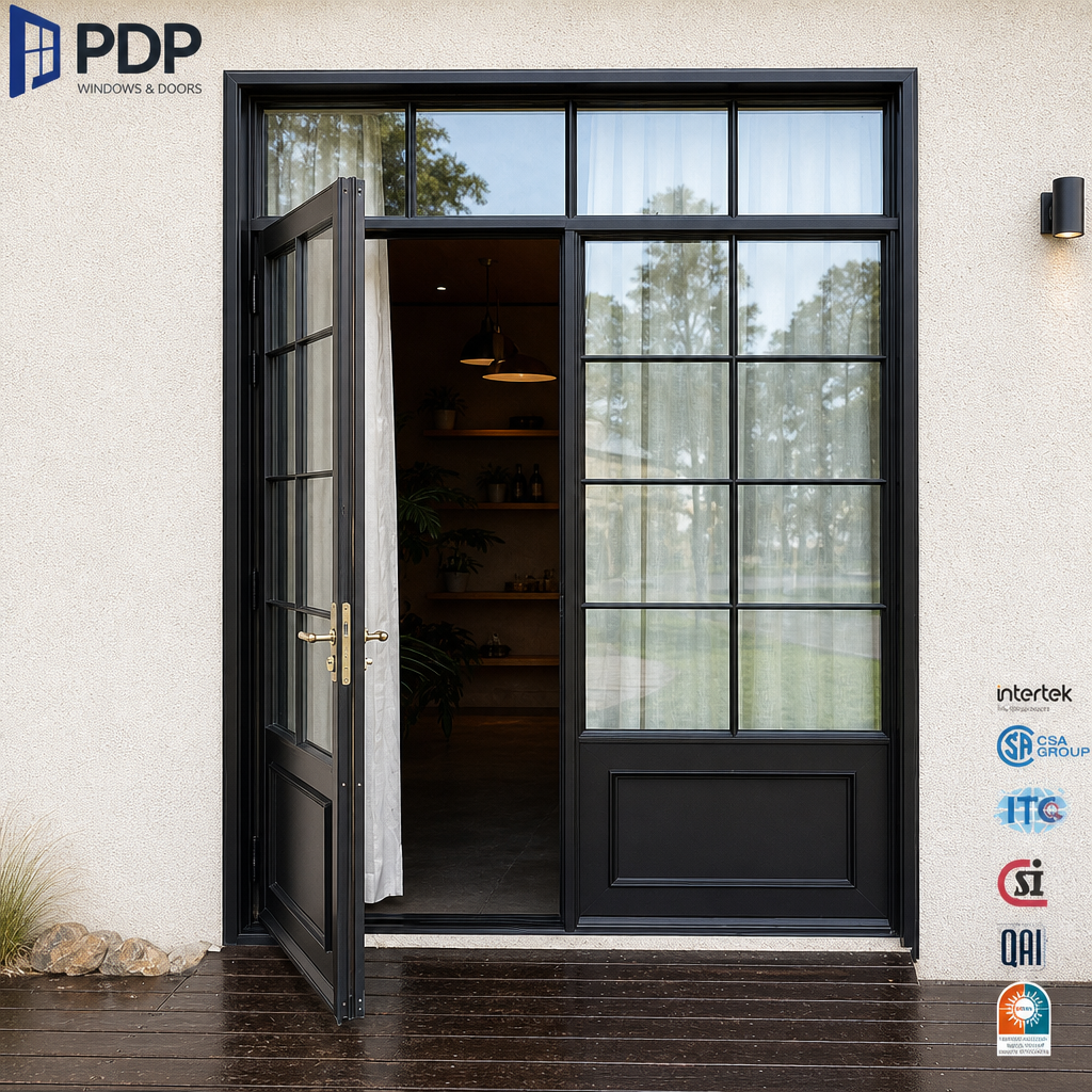 PDP Aluminum French Double Casement Door Double Tempered Glass Grille Interior/Exterior Use Waterproof Fiberglass Screen Netting