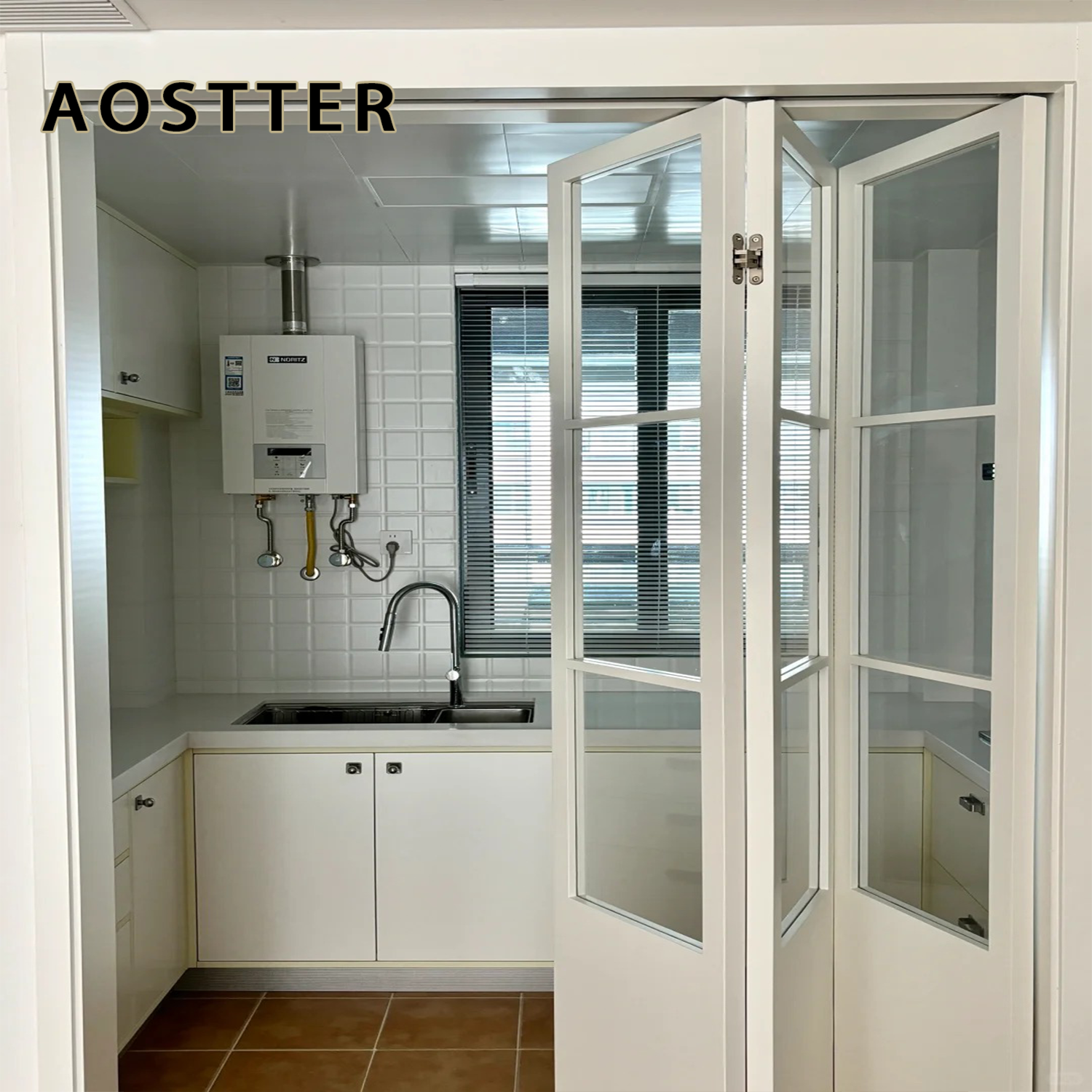 AOSTTER Clean White Extrusion Aluminum Bifold Door with Double Glazed Low-E IGU and Anti-Pinch Design for Luxury Apartment Use
