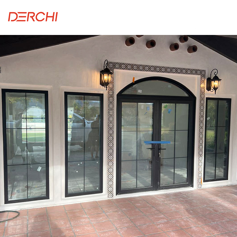 DERCHI NFRC USA Project Hurricane Proof Exterior Doors Outdoor Entry Patio Double Glazed French Glass Aluminium Door