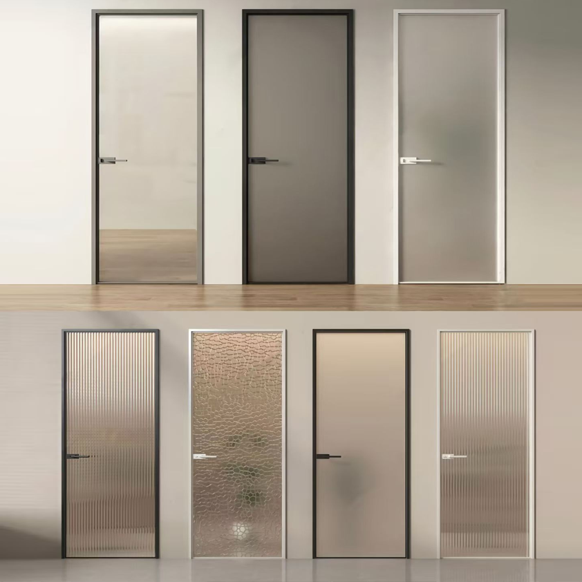 High-End Custom Single Open Retro Glass Door Extremely Narrow Aluminum Alloy Curved Kitchen Bathroom Door for Bedrooms Villas