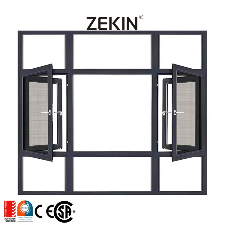 ZEKIN Modern Design Security Enhanced Casement Aluminum Windows Swing Open Style Burglar Proof Tempered For Residential Projects