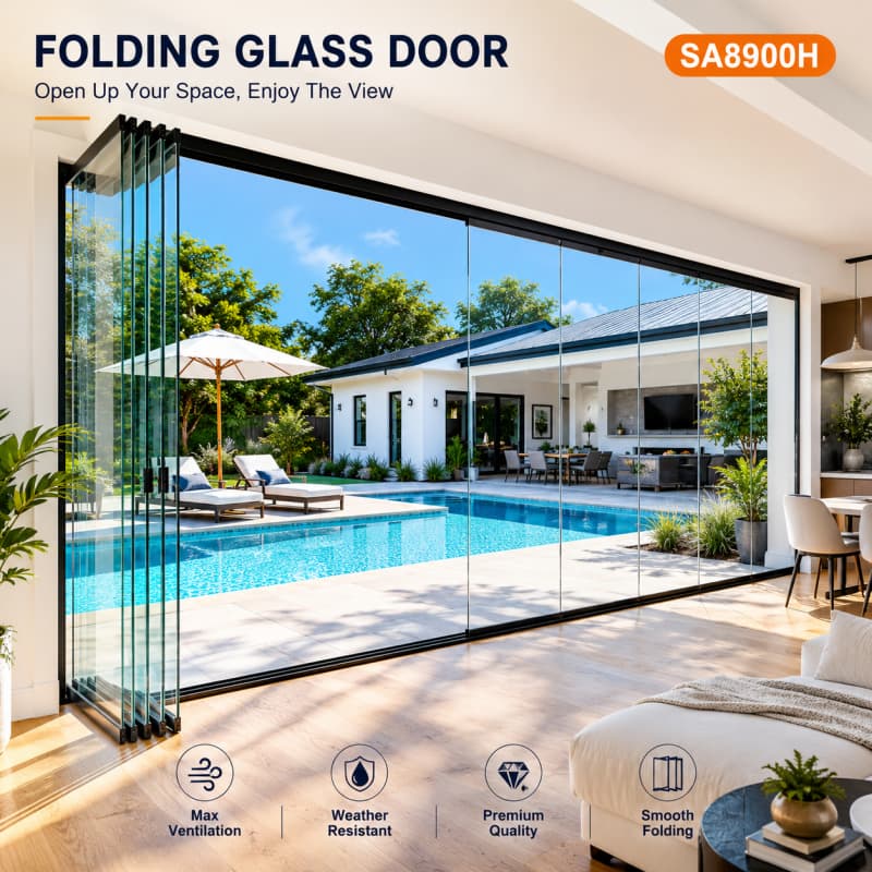 Modern Frameless Glass Folding Doors Panoramic Balcony Partition Aluminum Bifold Door System