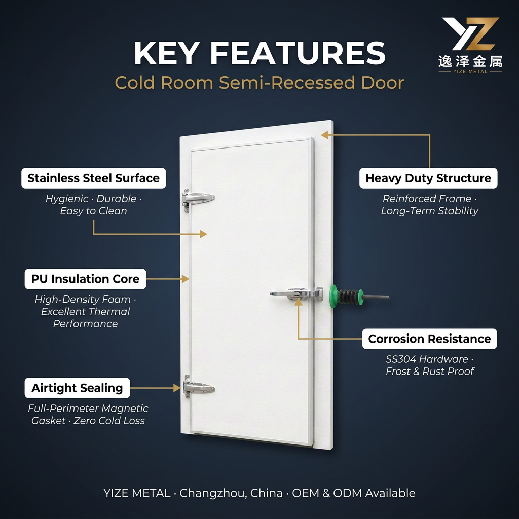 Stainless Steel &amp; PVC Aluminum Alloy Insulated Waterproof Semi Recessed Hinged Side Opening Modern Design Cold Storage Door