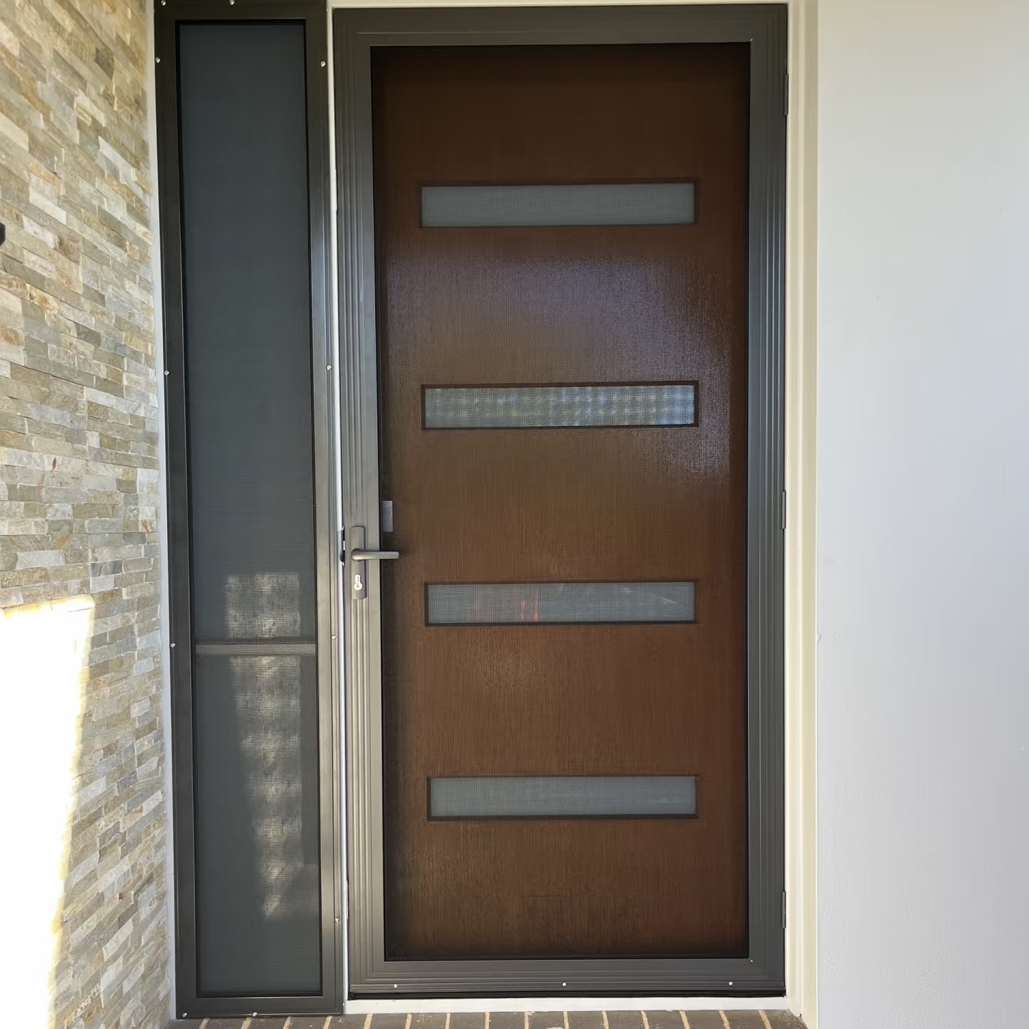 Domex Weatherproof European Aluminum Alloy Steel Wood Grain Front Entry Door Horizontal Glass Inserts Anti-Theft Swing Exterior