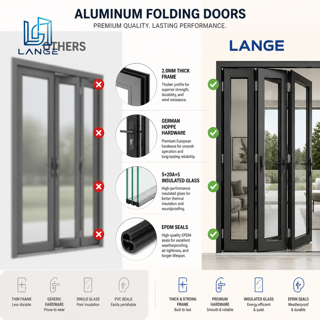 LANGE Customizable Modern Aluminum Bifold Doors Full View Folding Glass Doors Windproof Energy Efficient for Villa Residential