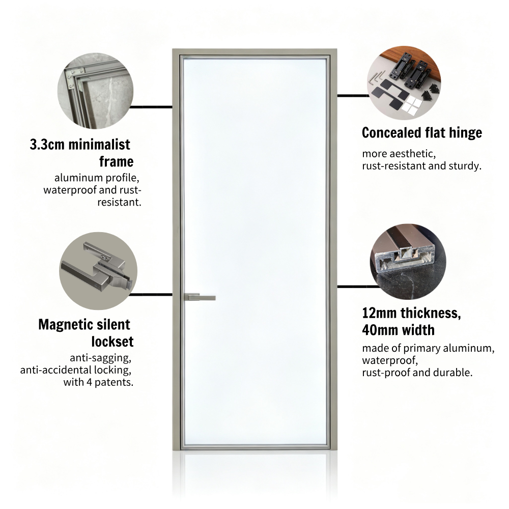 Modern Slim Frame Aluminum Glass Swing Door For Bathroom Waterproof Anti-rust Internal Door With Frosted Fluted Tempered Glass