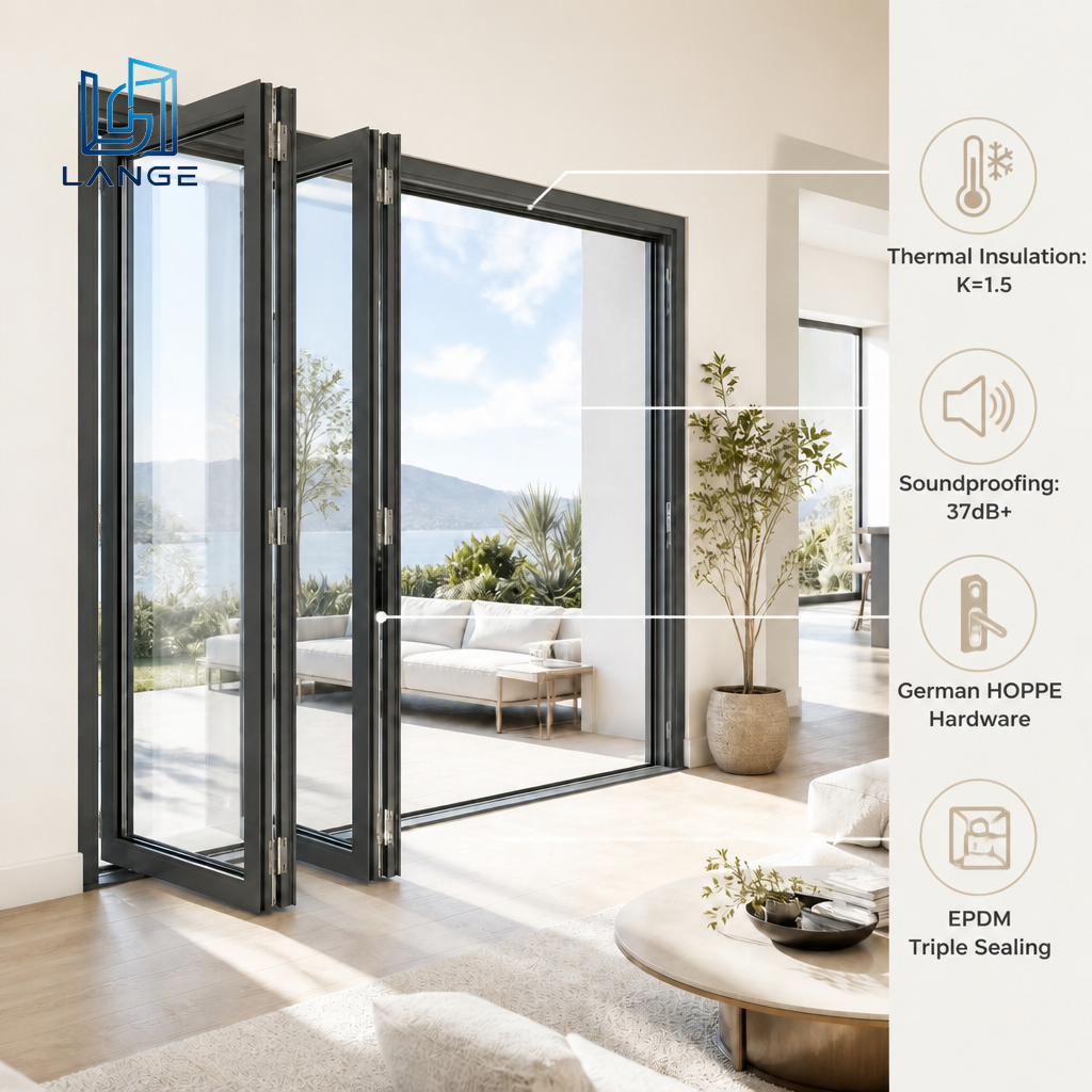 LANGE Customizable Modern Aluminum Bifold Doors Full View Folding Glass Doors Windproof Energy Efficient for Villa Residential