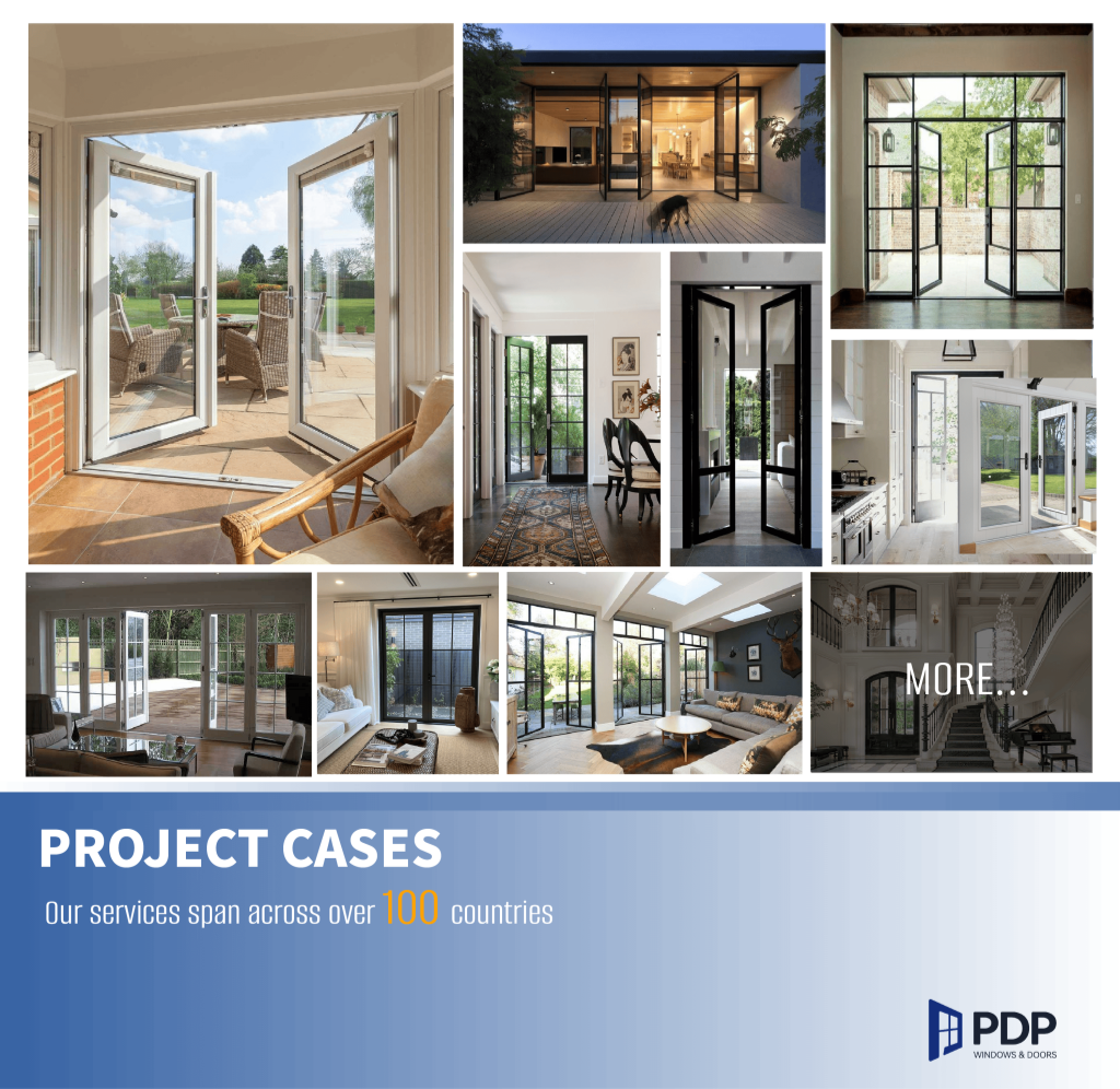 PDP Aluminum French Double Casement Door Double Tempered Glass Grille Interior/Exterior Use Waterproof Fiberglass Screen Netting