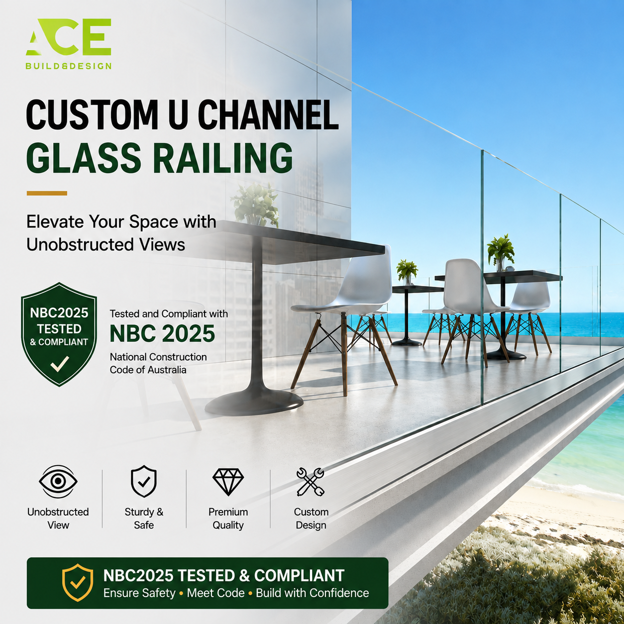 Villa Balcony Fence Frameless Glass Railing For Apartment Aluminum Glass U Channel Deck Balustrade