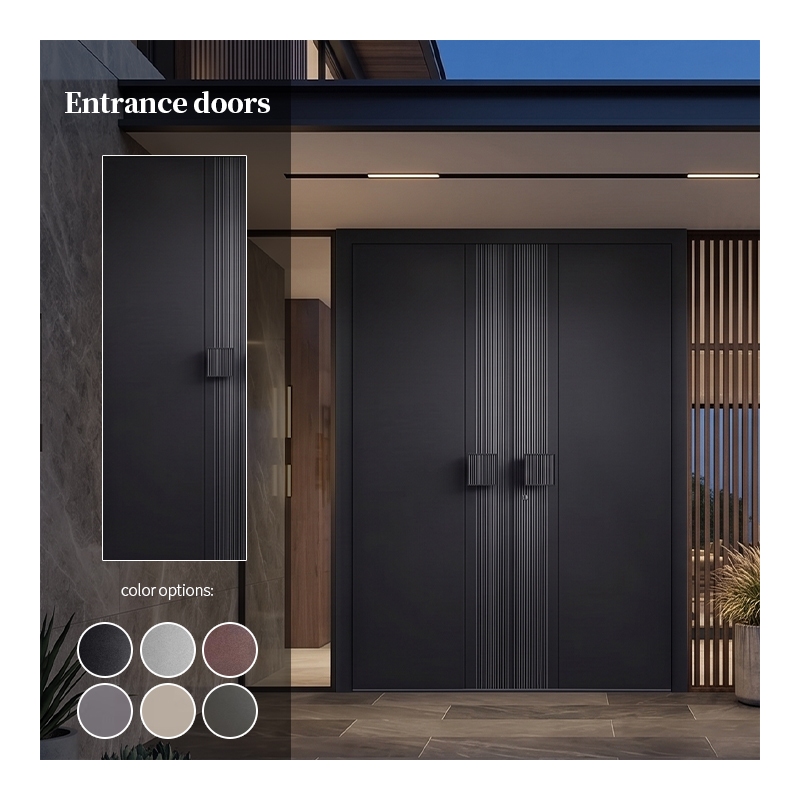 Minimalist Aluminium Front Door Matte Black Fluted Exterior Entry Door Soundproof Thermal Break for House