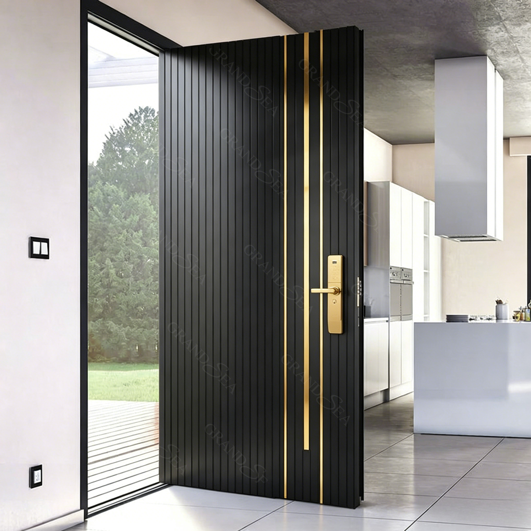 Luxury Custom Blue LED Lit Aluminum Pivot Entry Door Black Stainless Steel Big Entrance Doors