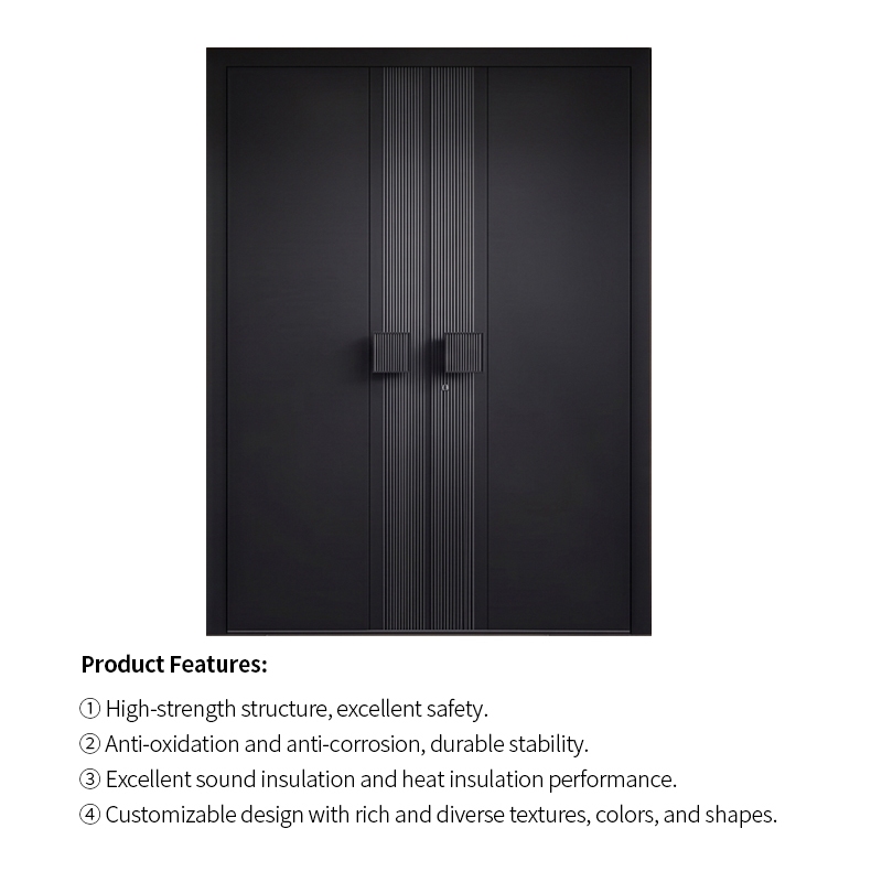 Minimalist Aluminium Front Door Matte Black Fluted Exterior Entry Door Soundproof Thermal Break for House