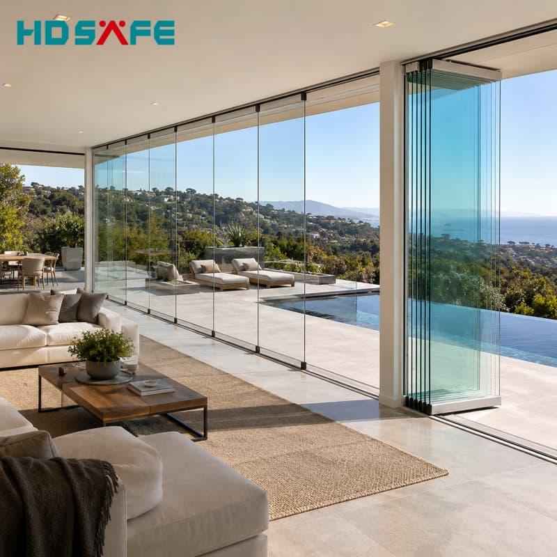 Full View Aluminium Folding Window Frameless Glass Bi-Fold Window System For Balcony Villa Patio Exterior