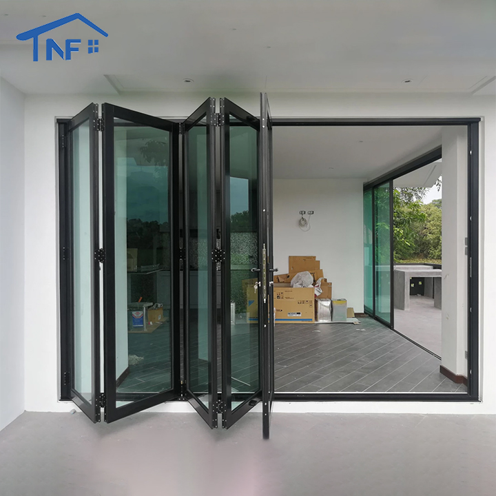 Aluminum Alloy Modern Hotel Exterior Bi-fold Frameless Glass Double Panel Doors Thermal Insulation Fiberglass CE Certified