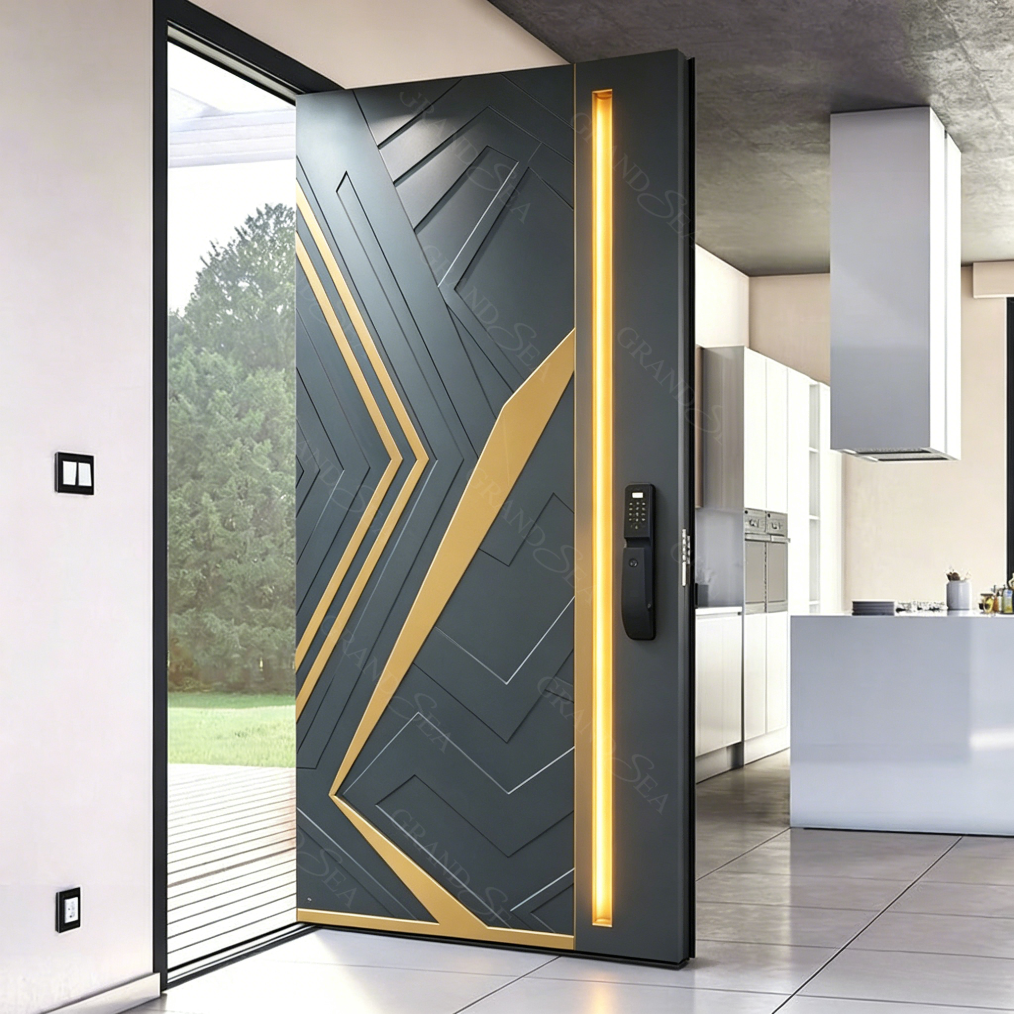 Luxury Custom Blue LED Lit Aluminum Pivot Entry Door Black Stainless Steel Big Entrance Doors