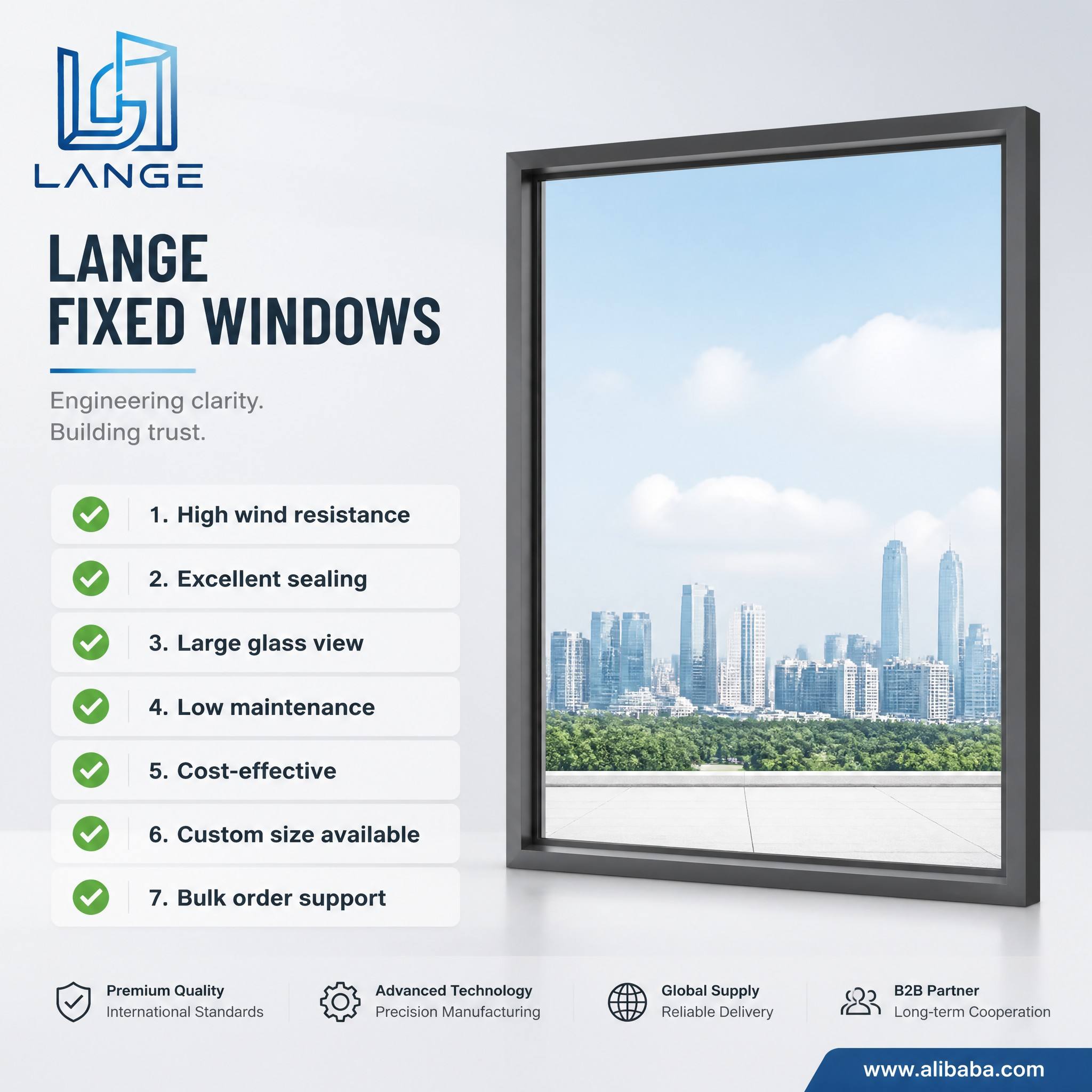 LANGE Elegant Minimalist Picture Window Fixed Glass Panel Sound Insulated Triple Pane Glass Window for Hotel