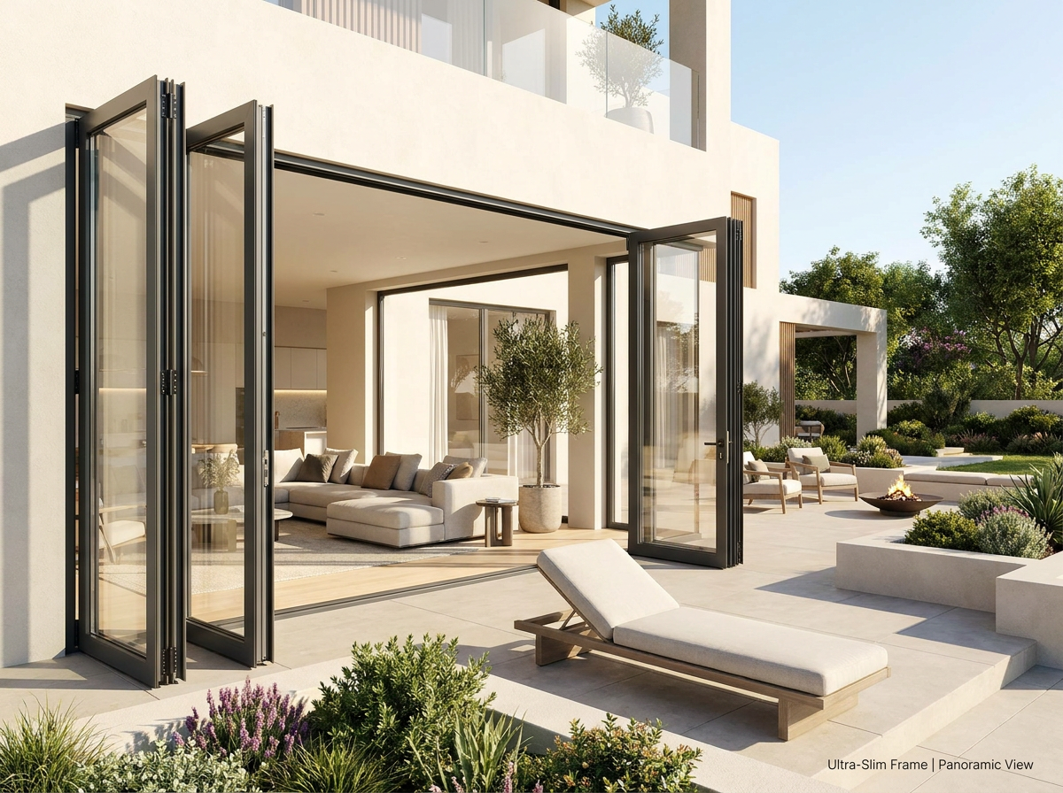 Top Manufacturing Modern Folding Door Windows Thermal Insulated Low-E Aluminium Double Tempered Glass Entry Exterior Patio Mall