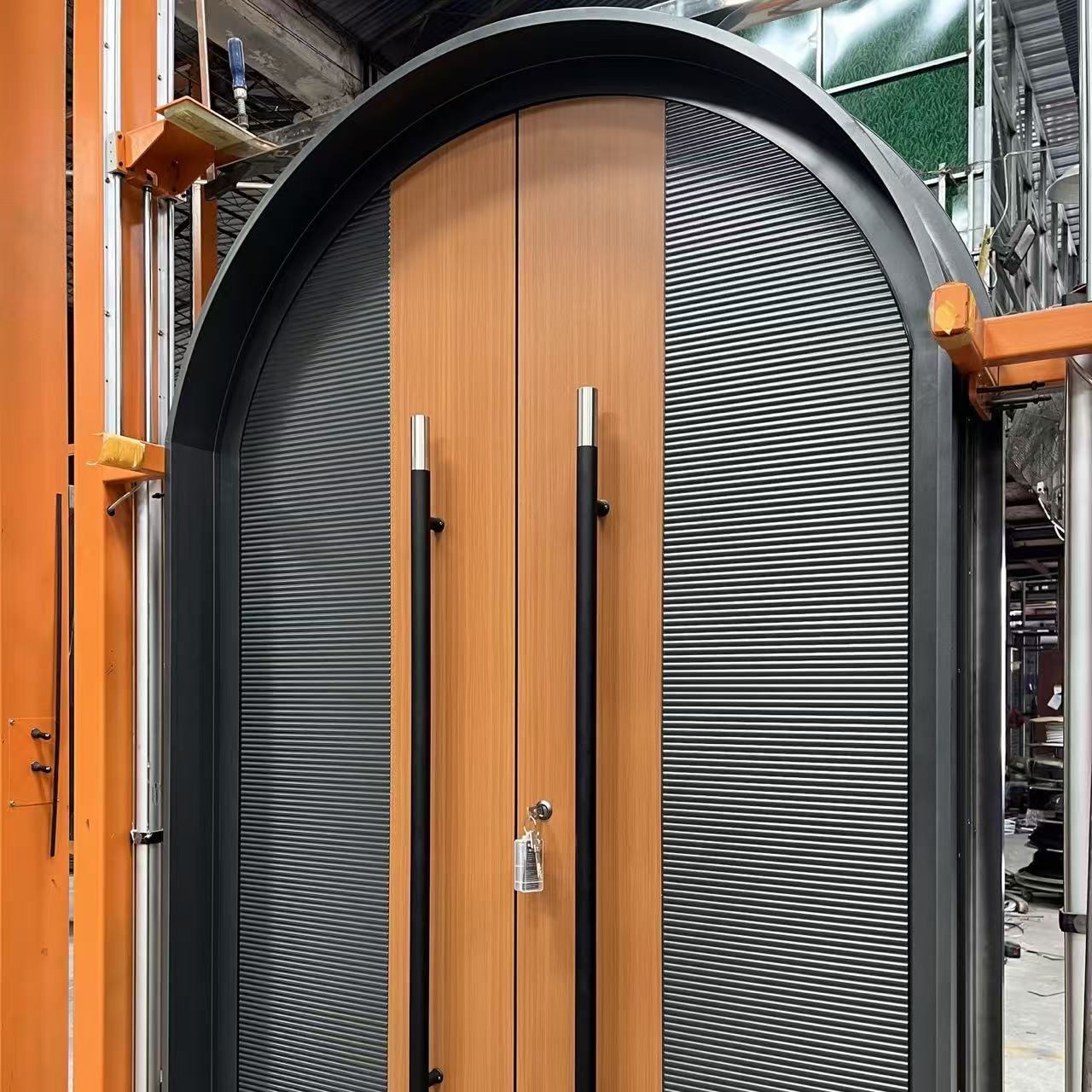 Luxury Curved Top Aluminum Alloy Swing Entrance Door With Faux Wood Grain Surface And Vertical Groove Design For Exterior Use