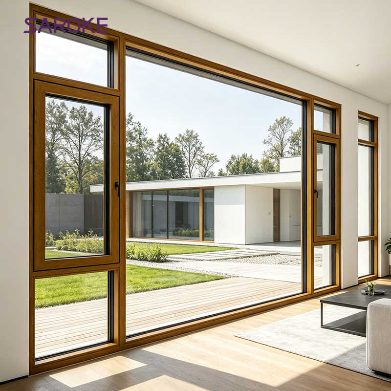 Premium Wood Grain Finish Aluminum Clad Wood Casement Windows For Timber Cladding Houses