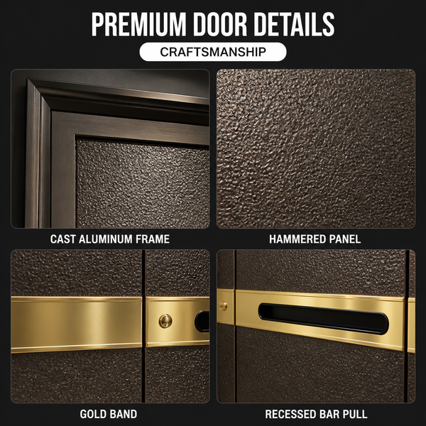 Modern Bronze Hammered Cast Aluminum Double Front Door with Polished Gold Band for Corporate Campus