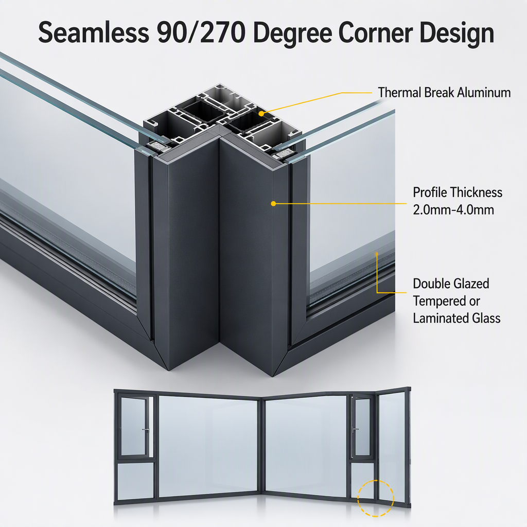 270 Degree Corner Panoramic Thermal Break Aluminum System Window for Villa Balcony Enclosure and Commercial Projects
