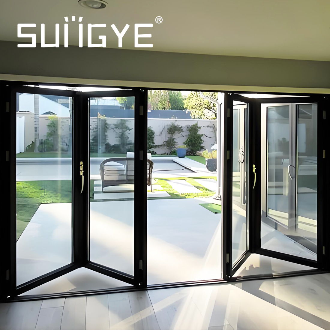 SUNGYE US Modern Aluminum Bifold Door Double Tempered Glass Foldable Doors Hurricane Resistance Exterior Folding Patio Door