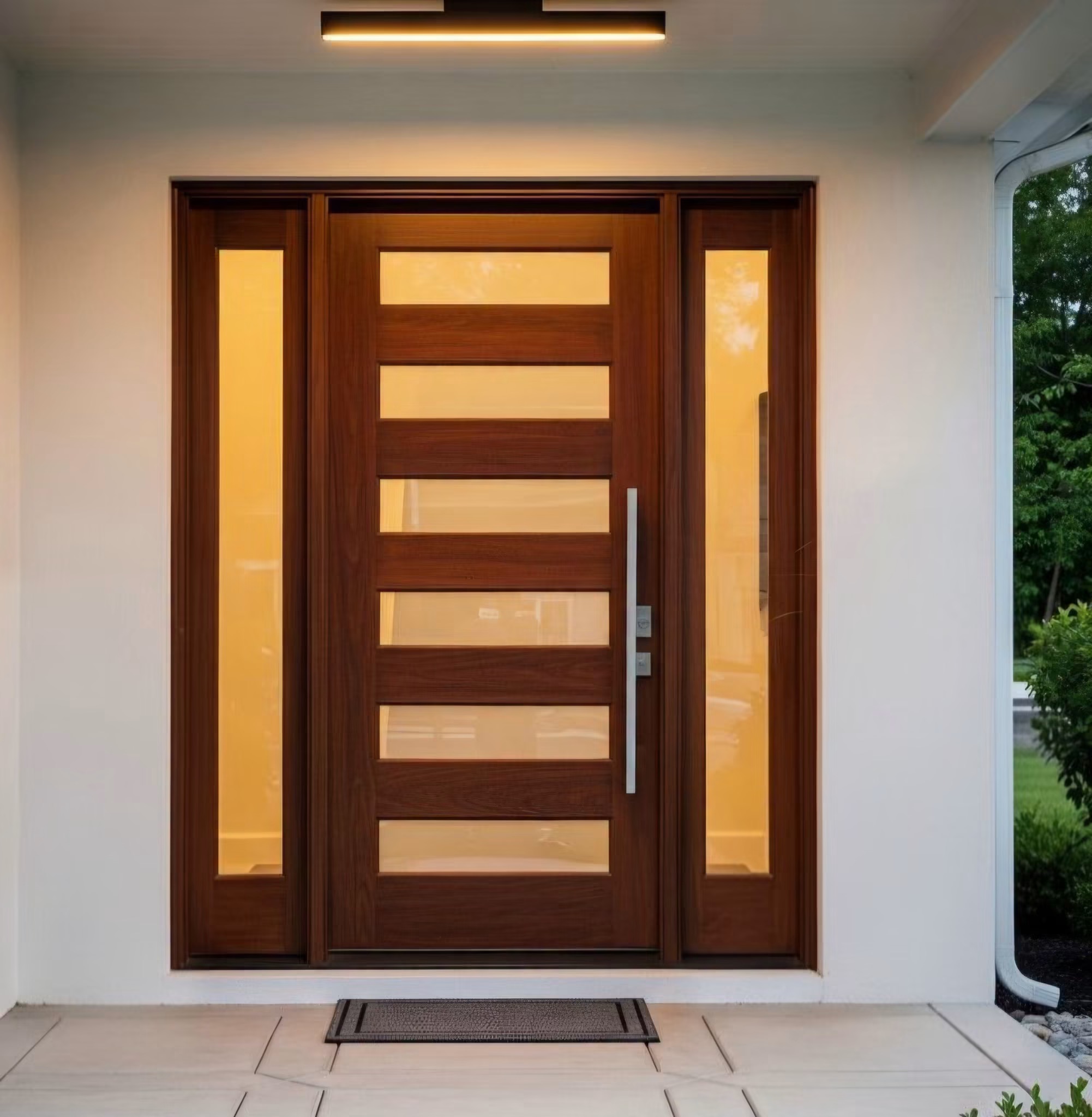 Domex Weatherproof European Aluminum Alloy Steel Wood Grain Front Entry Door Horizontal Glass Inserts Anti-Theft Swing Exterior