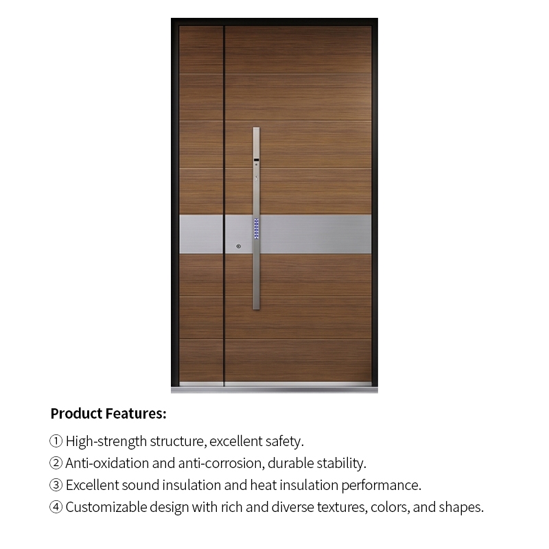Modern Aluminum Entrance Door Walnut Wood Grain Double Front Door Brushed Metal Trim Smart Lock for Villa Home