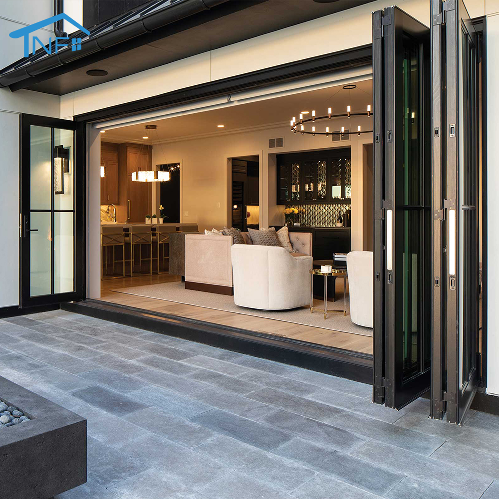 Modern Waterproof Aluminium Exterior Patio Accordion Double Tempered Low-e Glass Bi-Fold Folding Door for Villa Application