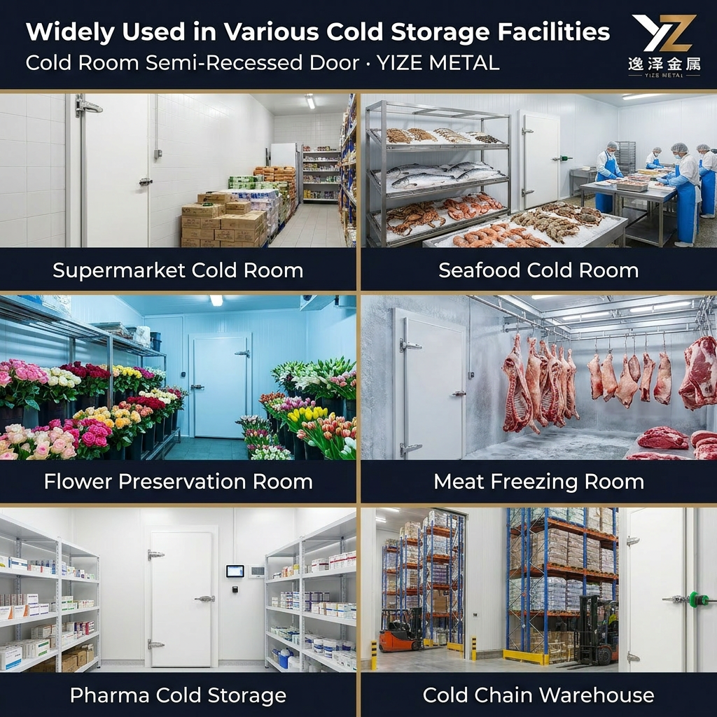 Stainless Steel &amp; PVC Aluminum Alloy Insulated Waterproof Semi Recessed Hinged Side Opening Modern Design Cold Storage Door