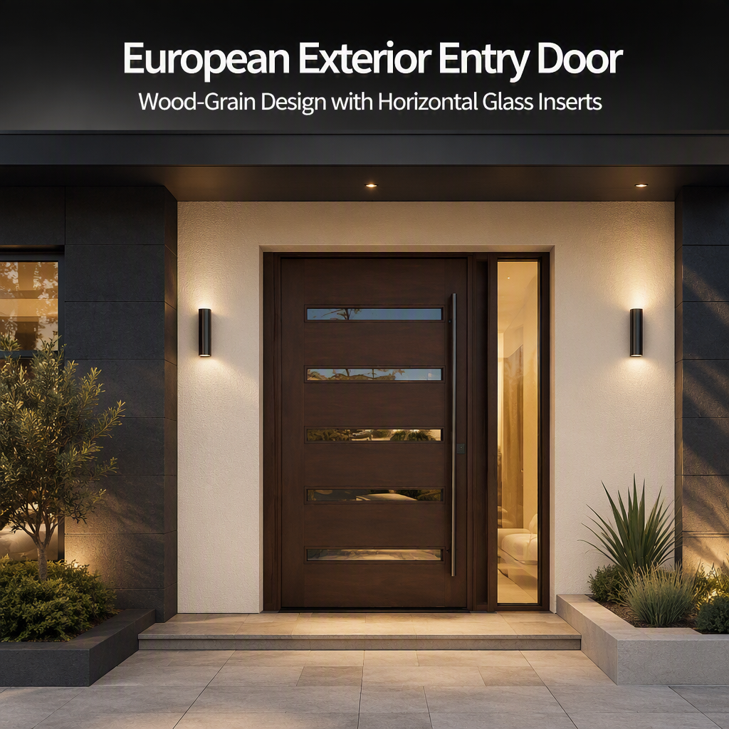 Domex Weatherproof European Aluminum Alloy Steel Wood Grain Front Entry Door Horizontal Glass Inserts Anti-Theft Swing Exterior