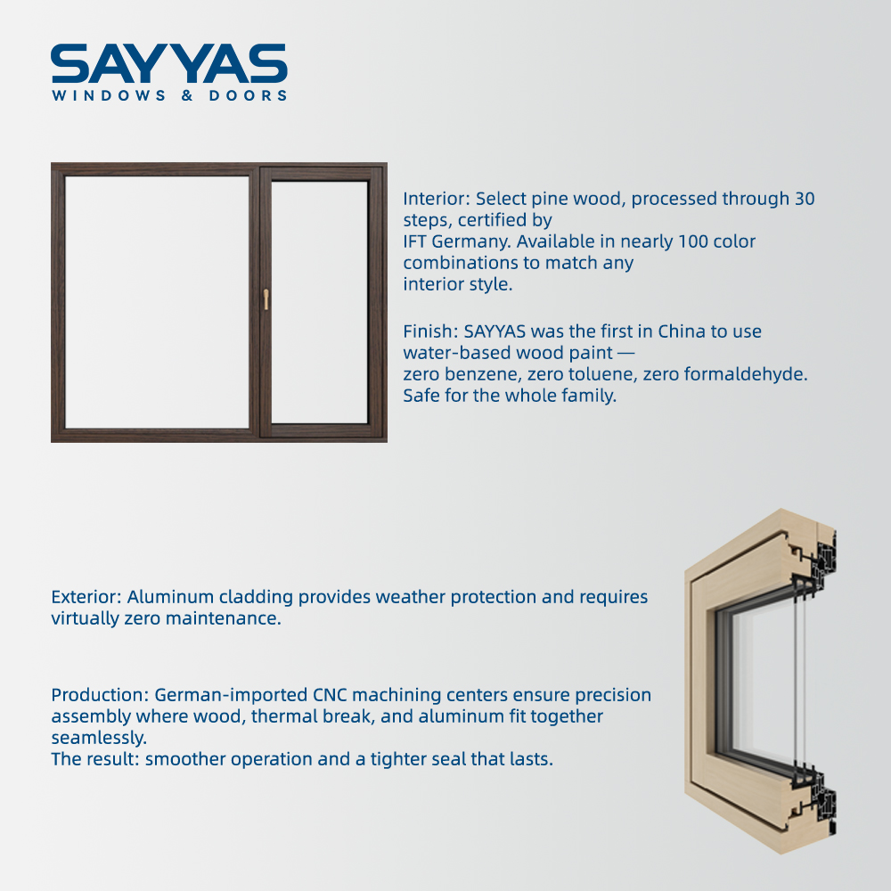 Sayyas P135 Passive House Uw 0.8 Fixed Quadruple Glazed Aluminum Clad Wood Casement Windows for Houses Luxury Villa Project